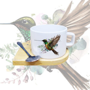 mug cerÁmica base bambÚ cuchara metÁlica colibrÍ picoespada