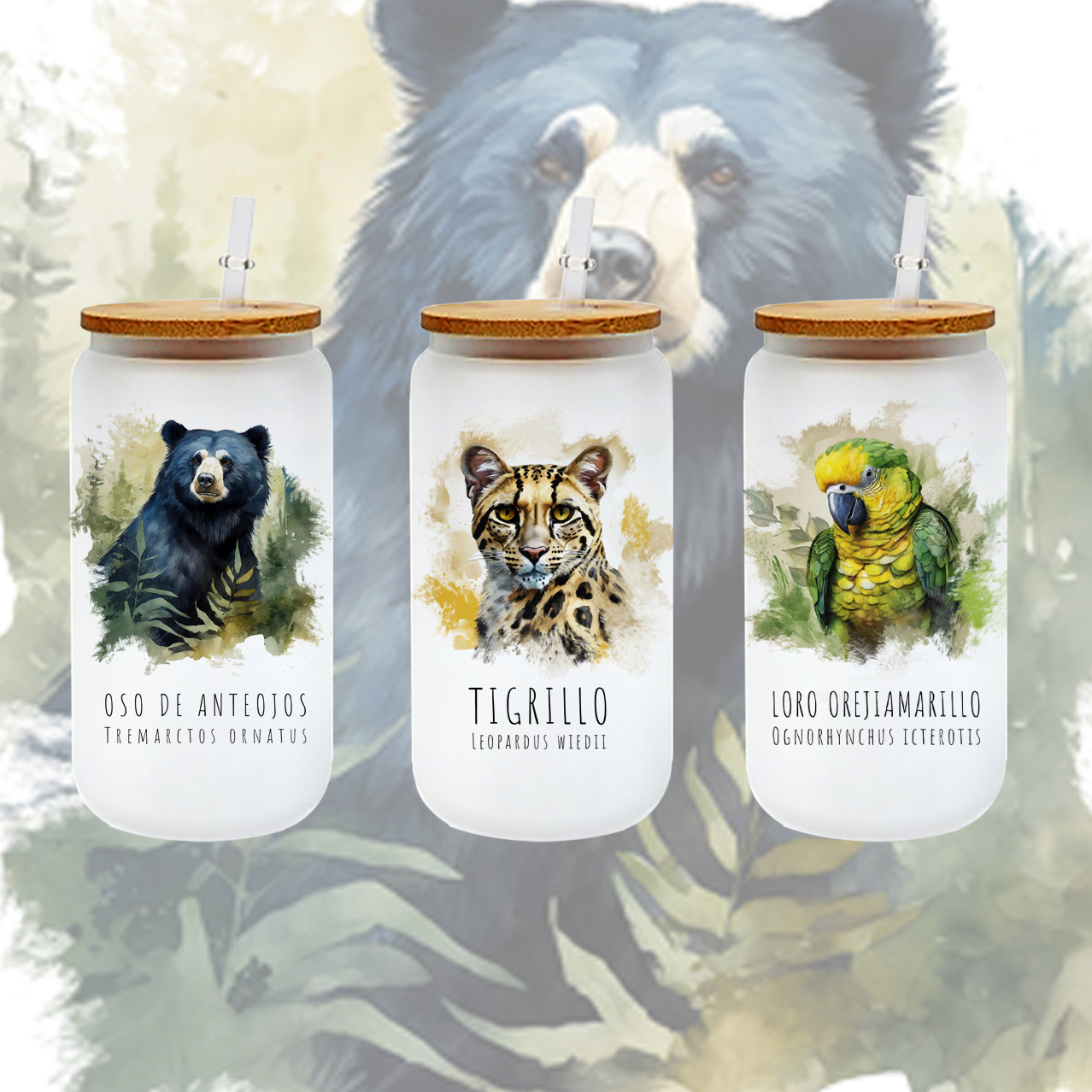 set vasos vidrio tapa pitillo x3 fauna andina set vasos vidrio tapa pitillo x3 fauna andina