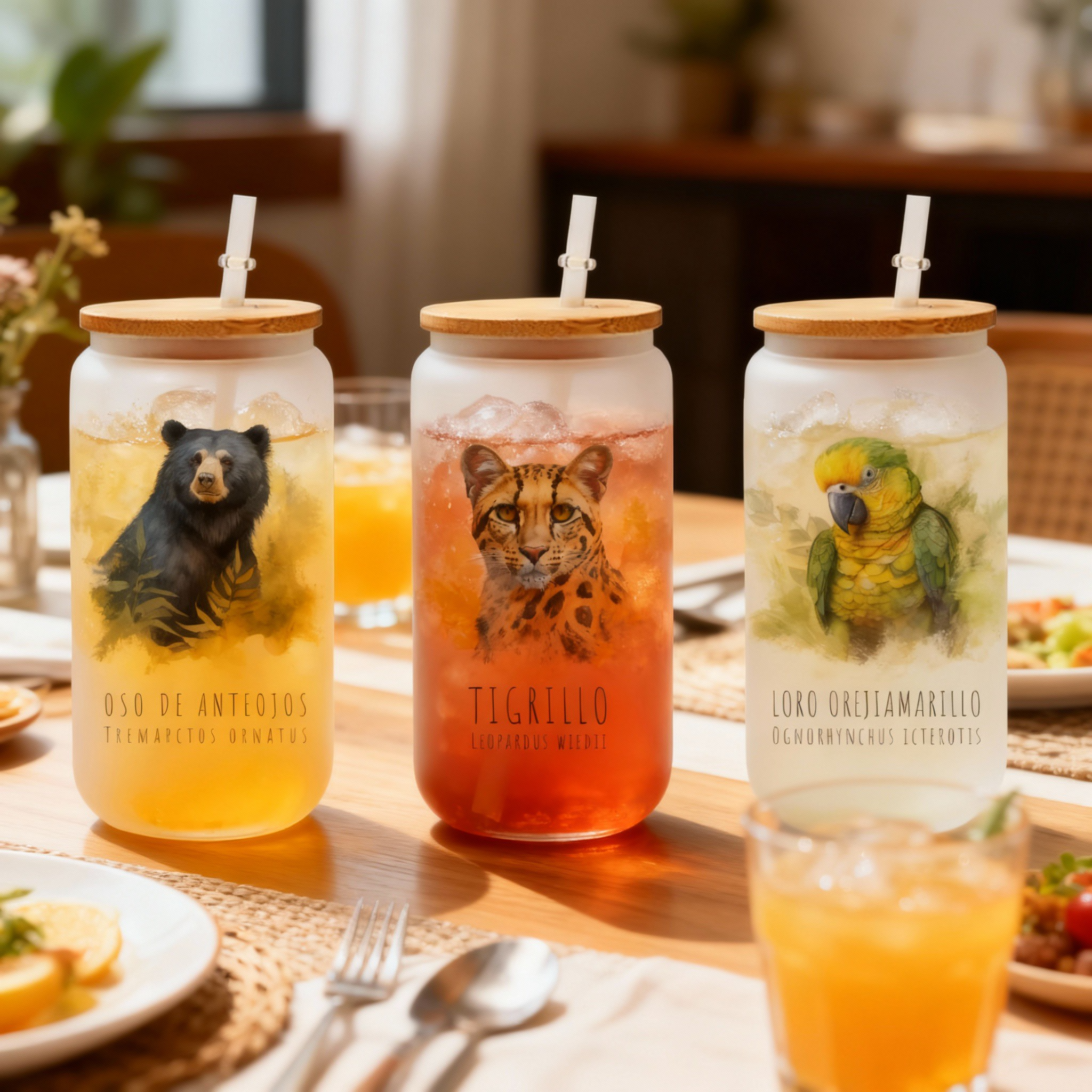 set vasos vidrio tapa pitillo x3 fauna andina set vasos vidrio tapa pitillo x3 fauna andina