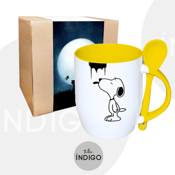 MUG SNOOPY AMARILLO CUCHARA PERSONALIZADO ARTESANAL