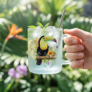 mug vidrio opalizado tucÁn pico iris