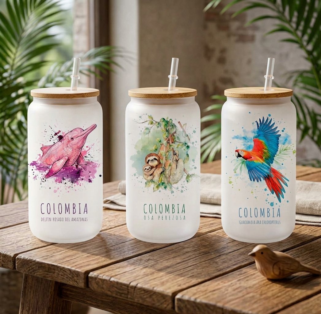 Set x3 Vaso de Vidrio Opalizado con Tapa de Bambú – Colección Amazonas