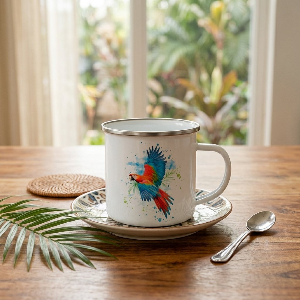 Taza Vintage Peltre – Guacamayo Rojo (Ara chloropterus)
