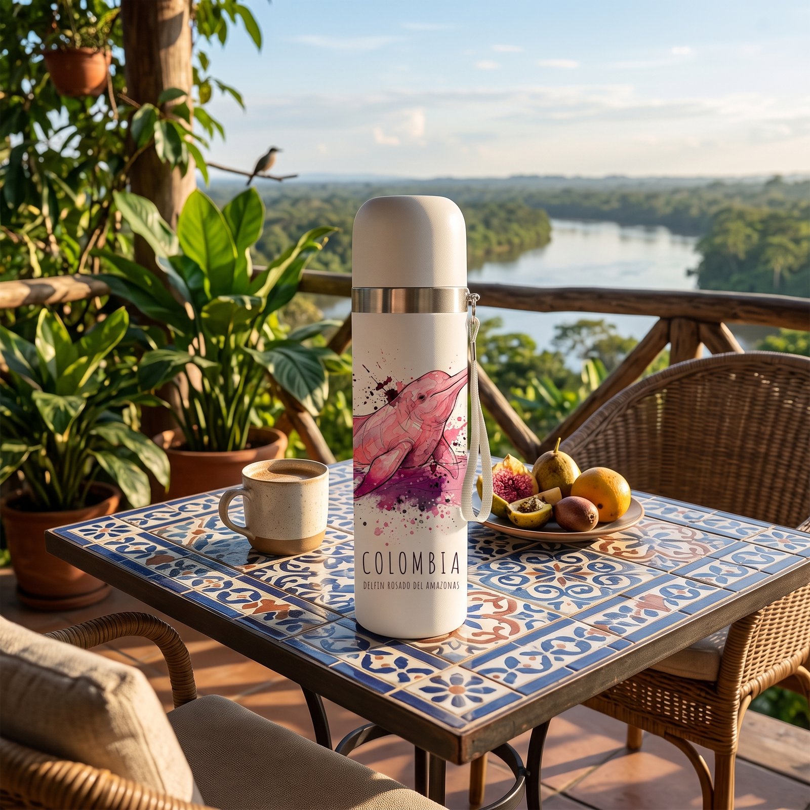 Termo de Acero Inoxidable Tapa Push – Delfín Rosado del Amazonas