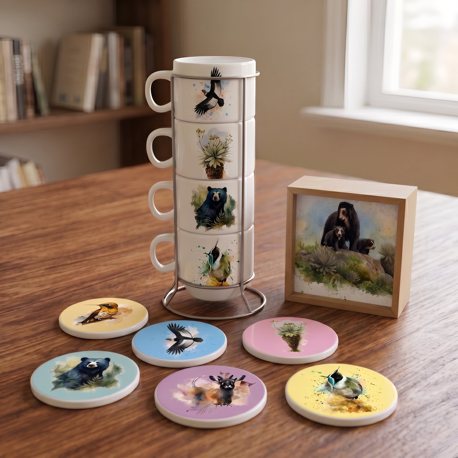 Set de Torre de Mugs y Posavasos – Colección Páramo y Fauna Andina