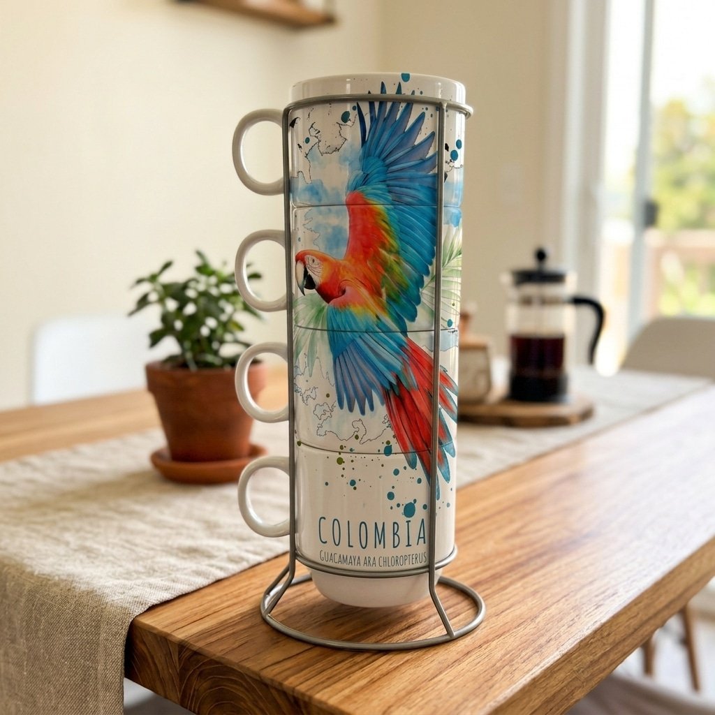 Set de Mugs Apilables con Soporte Metálico – Guacamaya