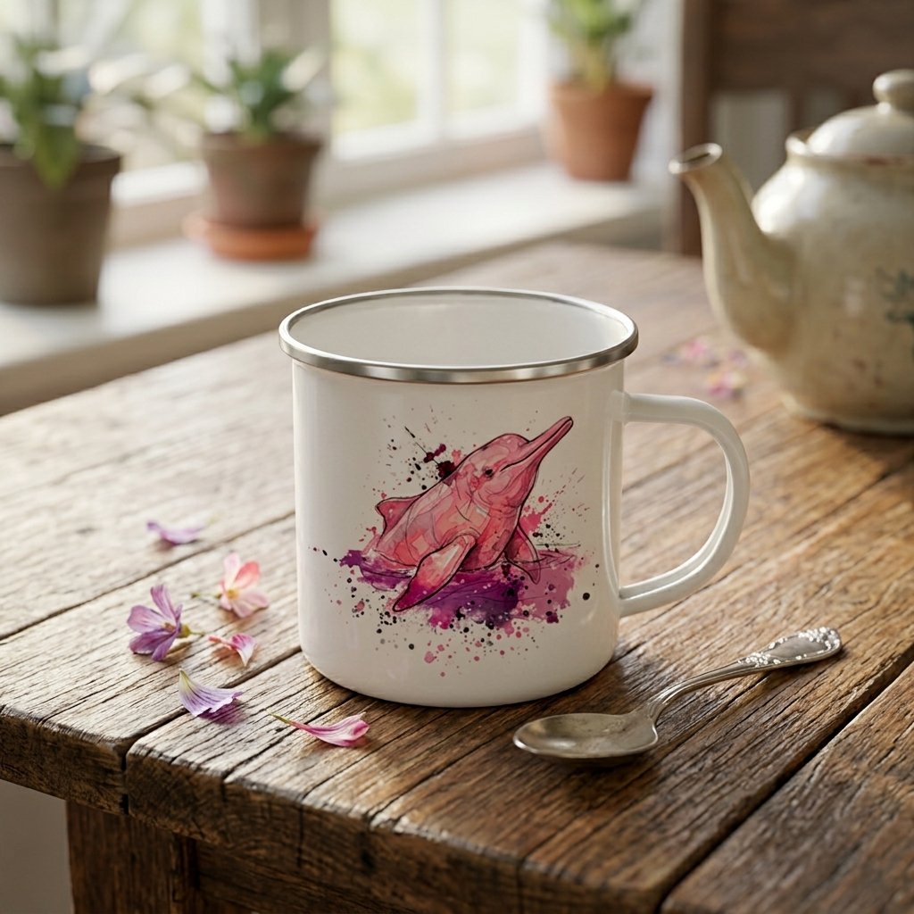 Taza Vintage Peltre – Delfín Rosado (Inia geoffrensis)