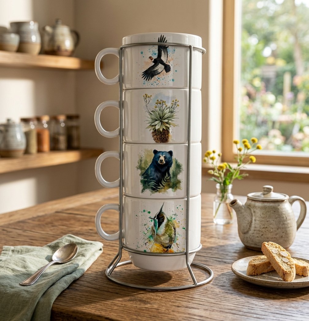 Set de Mugs Apilables con Soporte Metálico – Colección Páramo de Colombia