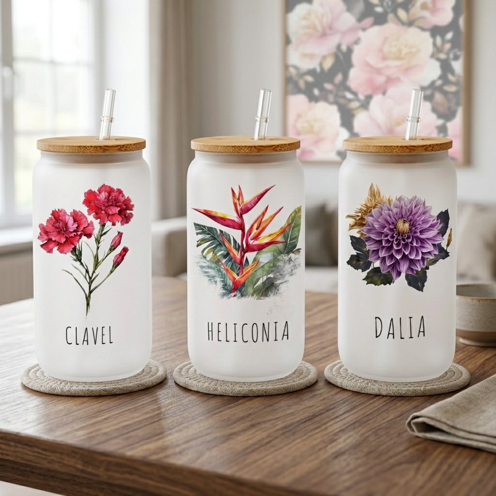 Set x3 Vaso de Vidrio Opalizado con Tapa de Bambú – Colección Flores Colombianas