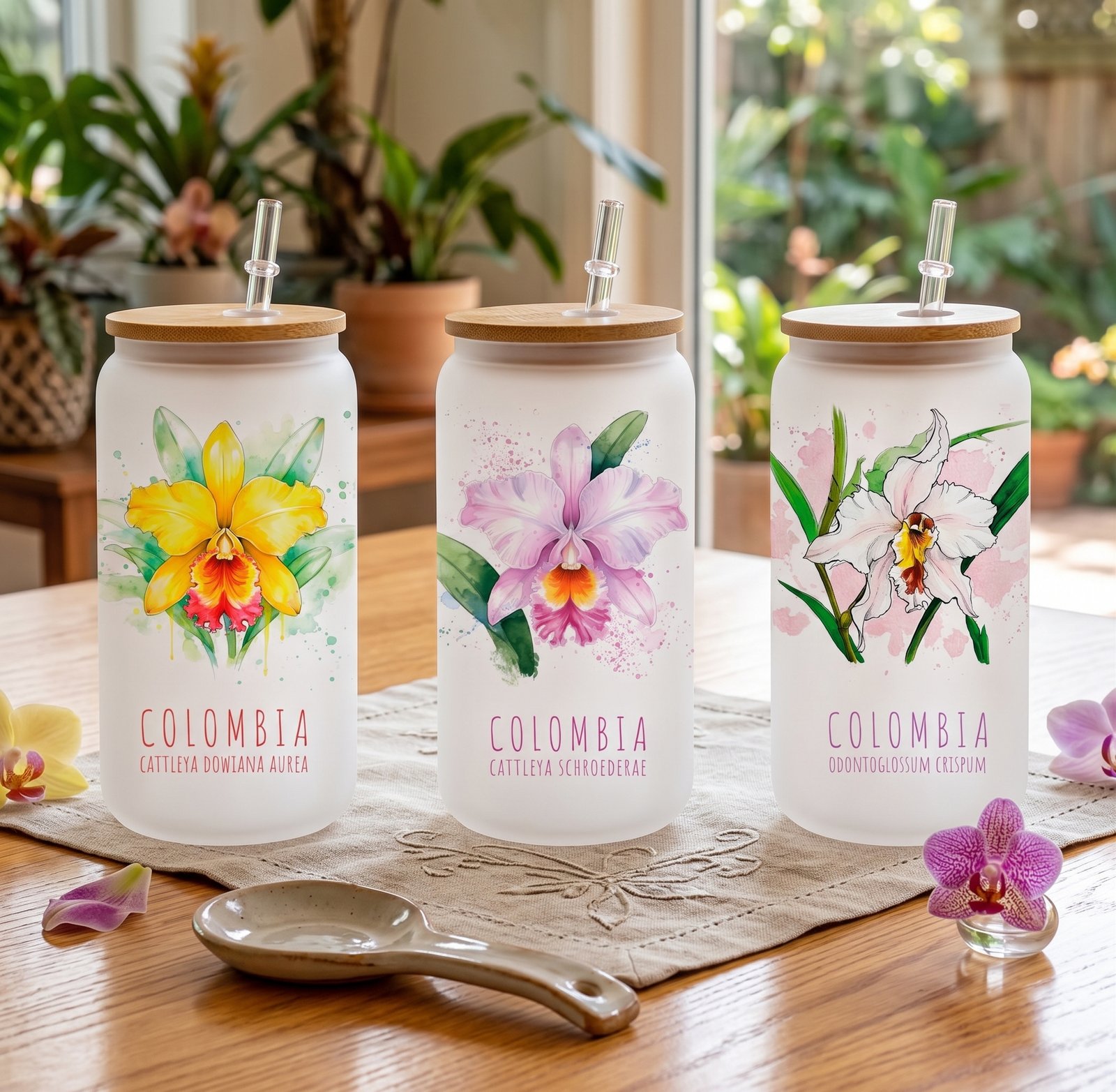 Set x3 Vaso de Vidrio Opalizado con Tapa de Bambú – Colección Orquídeas