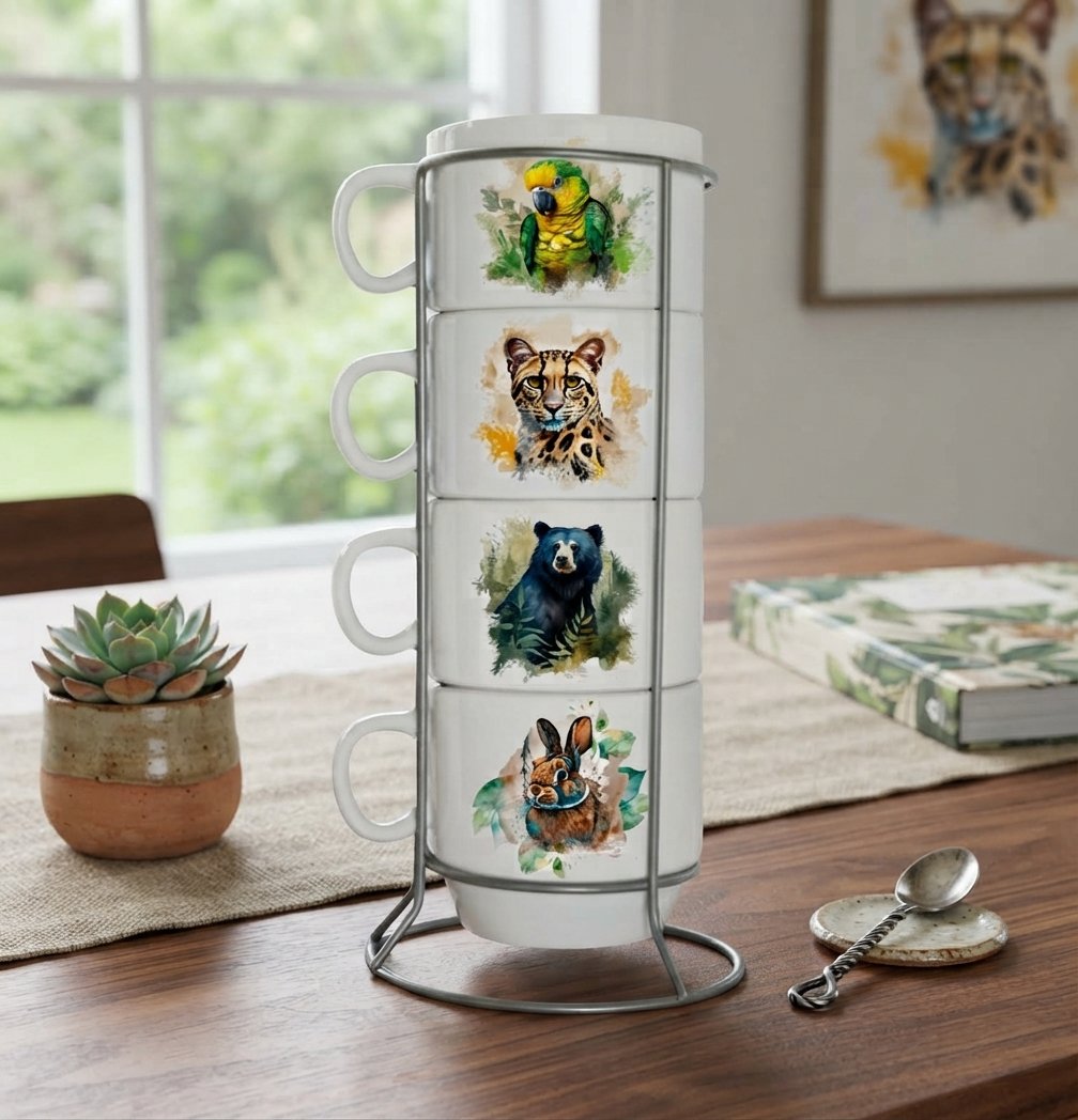 Set de Mugs Apilables con Soporte Metálico – Colección Fauna Andina