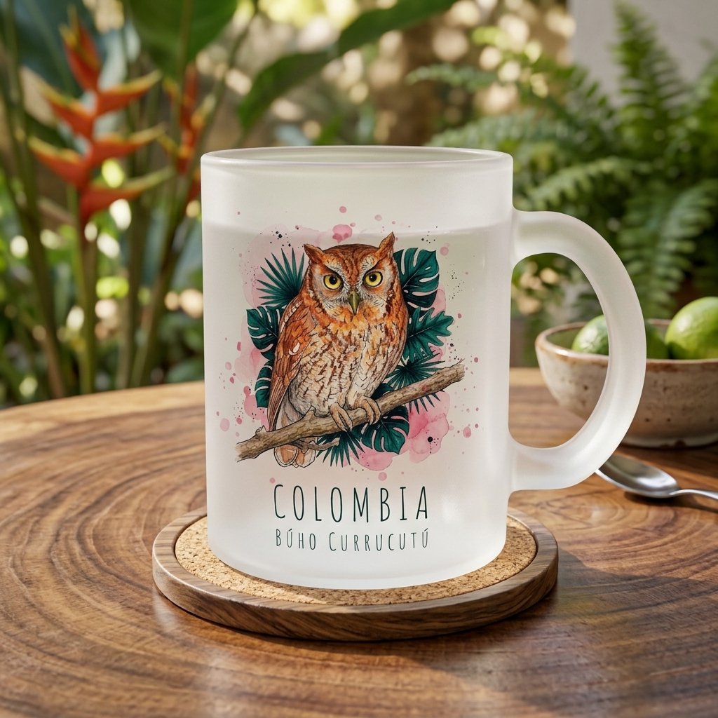 Mug de Vidrio Esmerilado – Búho Currucutú