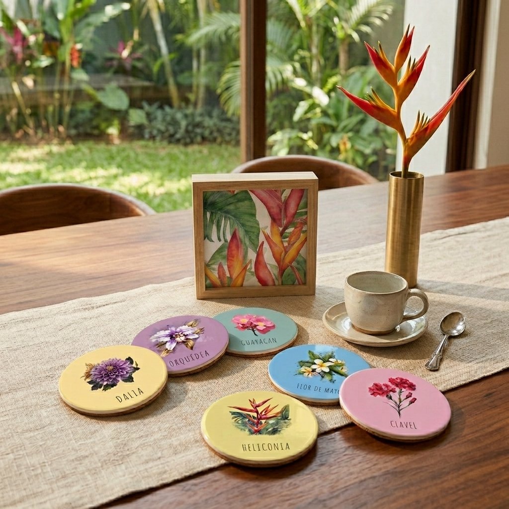 Set de Portavasos Redondos de Cerámica – Colección Flores de Colombia