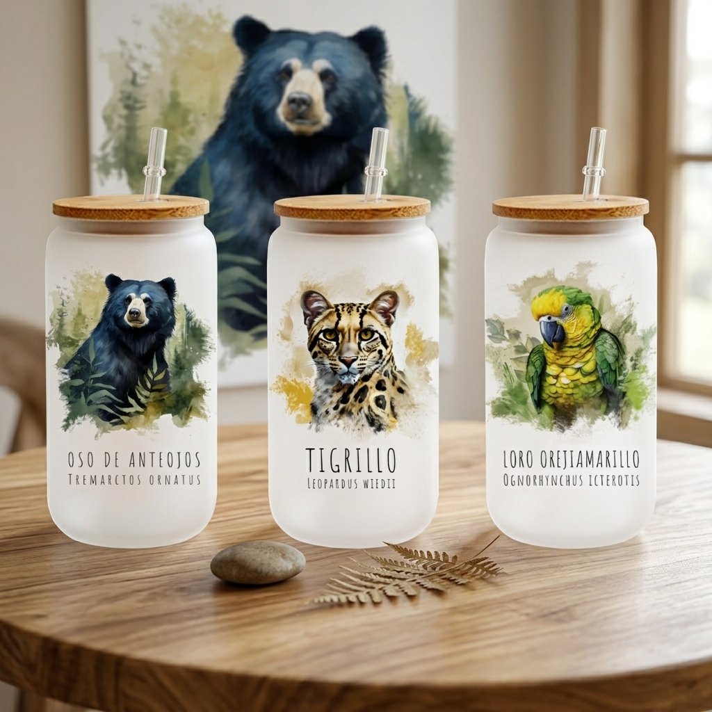 Set x3 Vaso de Vidrio Opalizado con Tapa de Bambú – Colección Fauna Andina