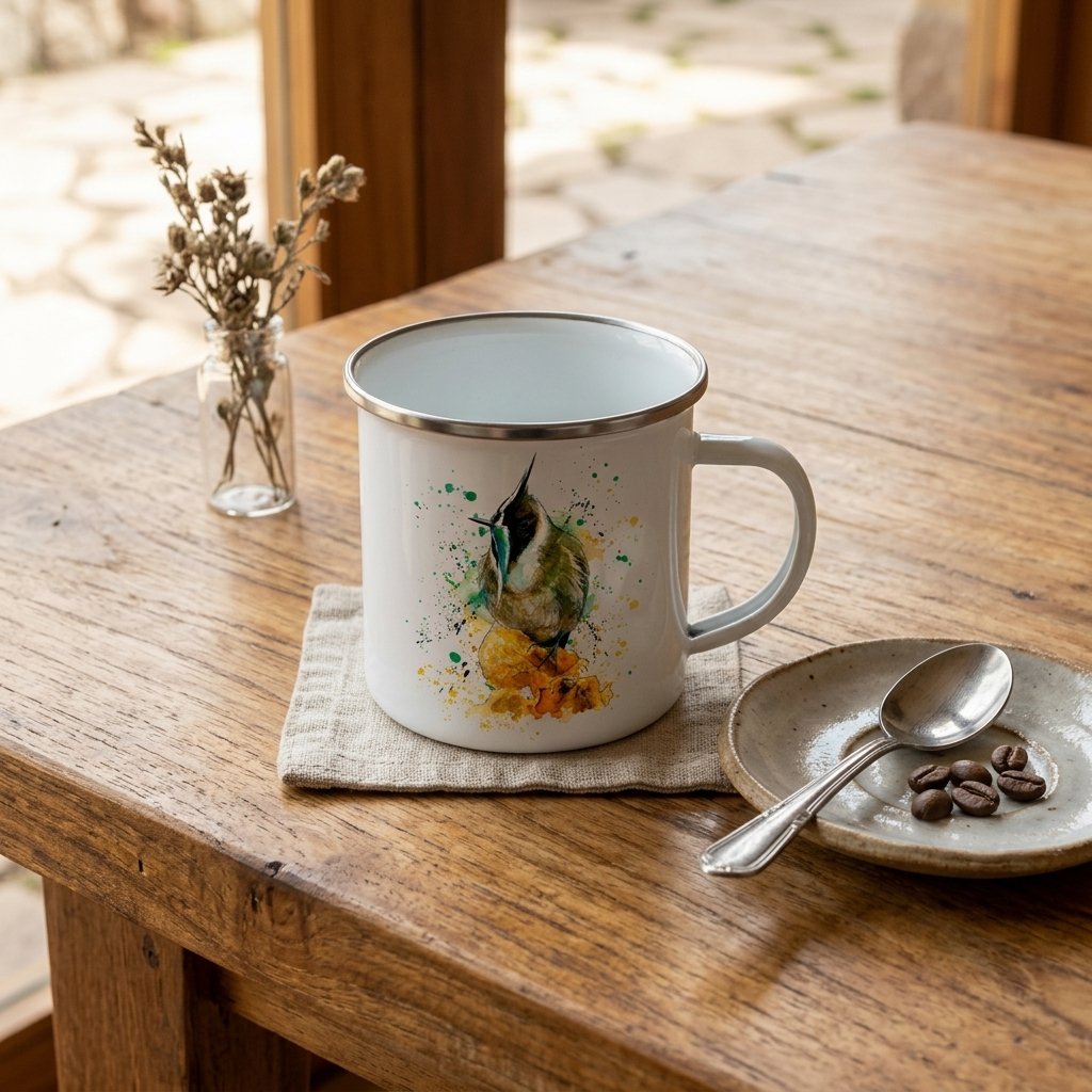 Taza Vintage Peltre – Colibrí Chivito del Páramo (Oxypogon guerinii)