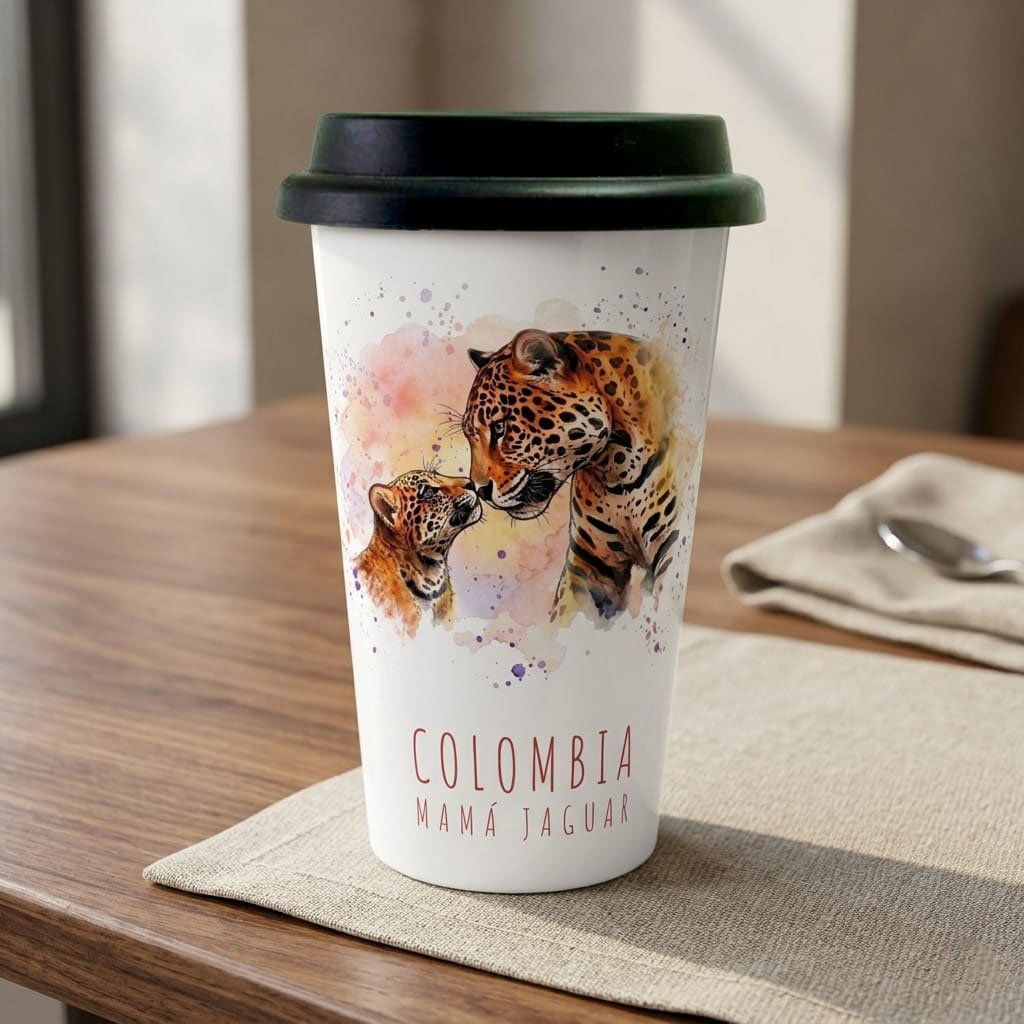 Mug Cónico con Tapa – Mamá Jaguar (Panthera onca)