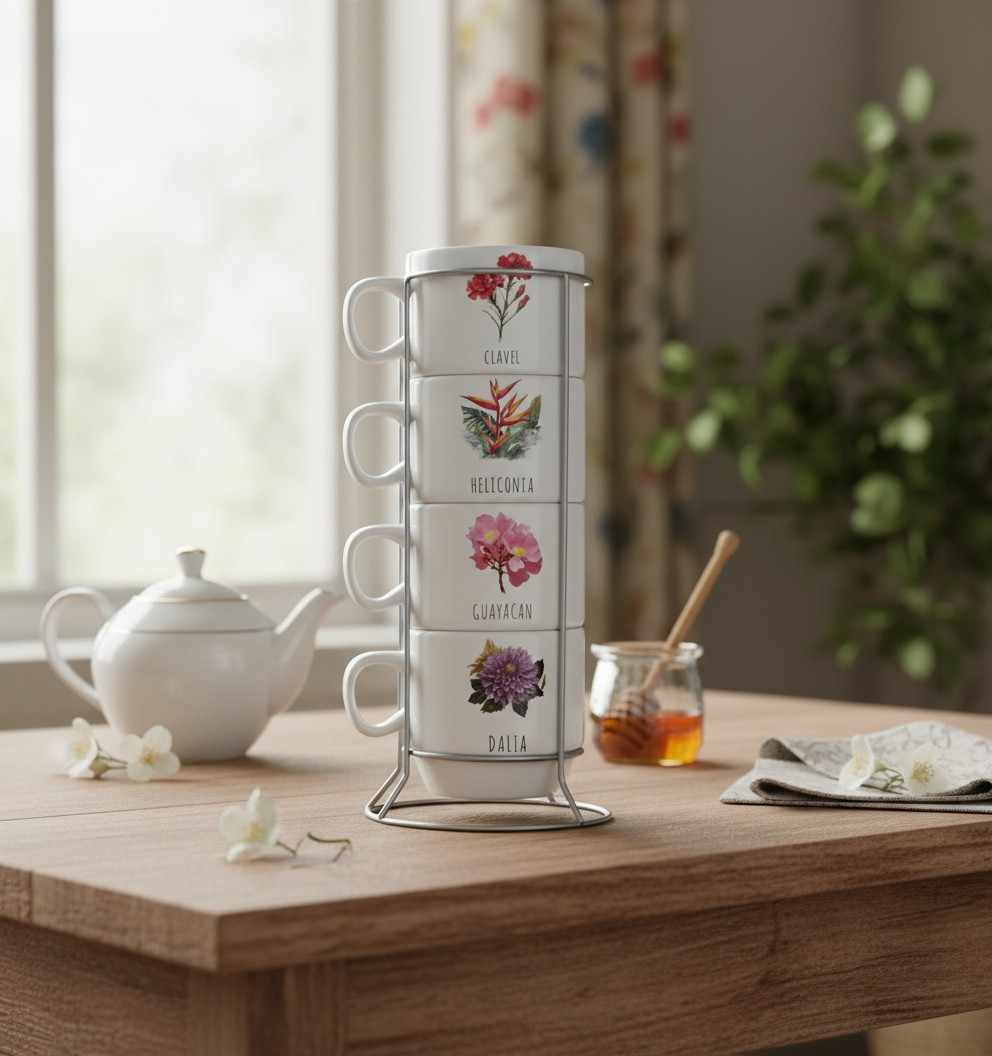 Set de Mugs Apilables con Soporte Metálico – Colección Flores de Colombia