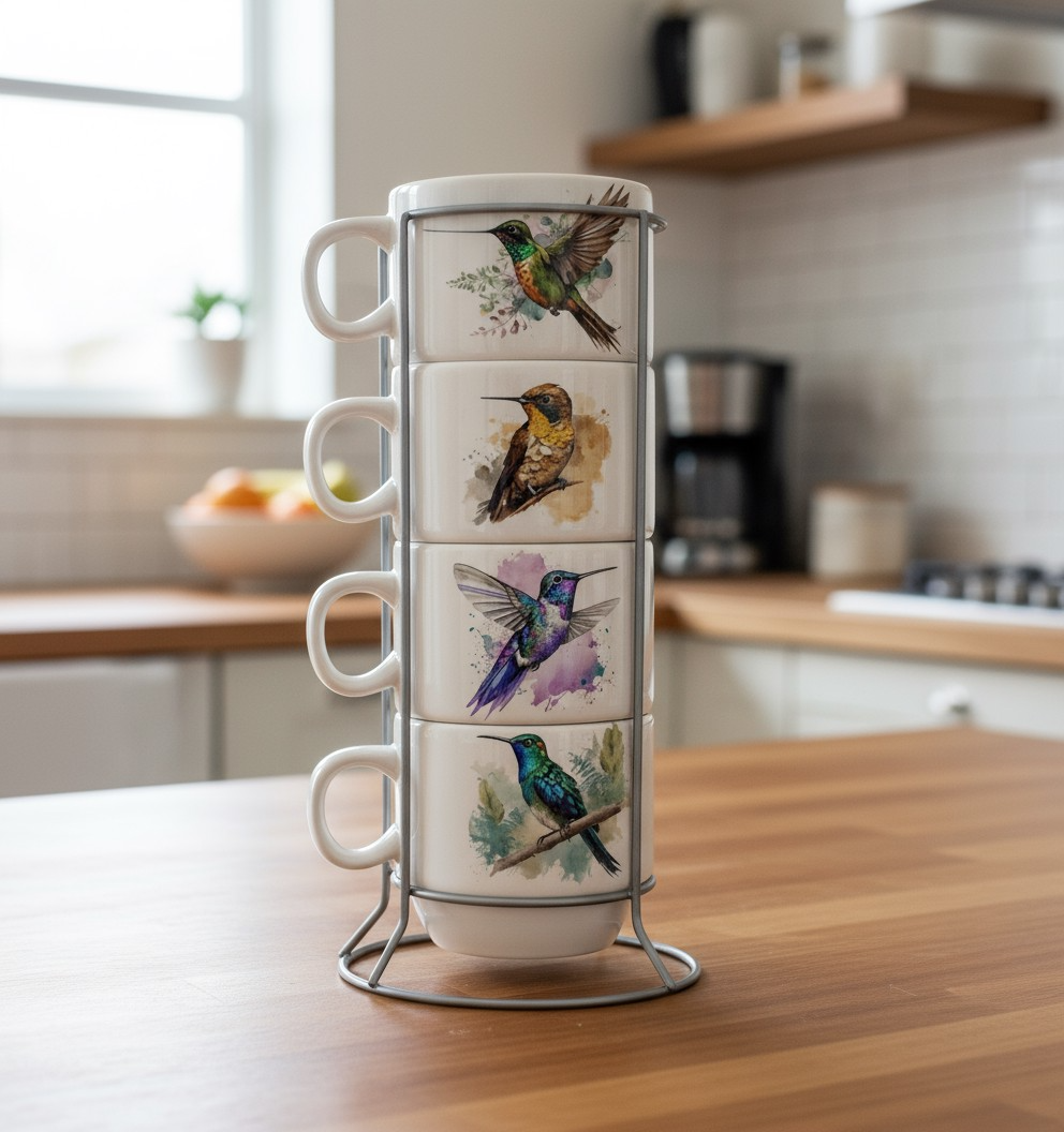 Set de Mugs Apilables con Soporte Metálico – Colección Colibríes de Colombia
