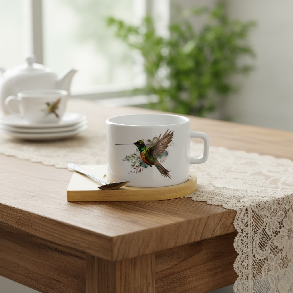 Mug de Cerámica Base Bambú - Colibrí Picoespada