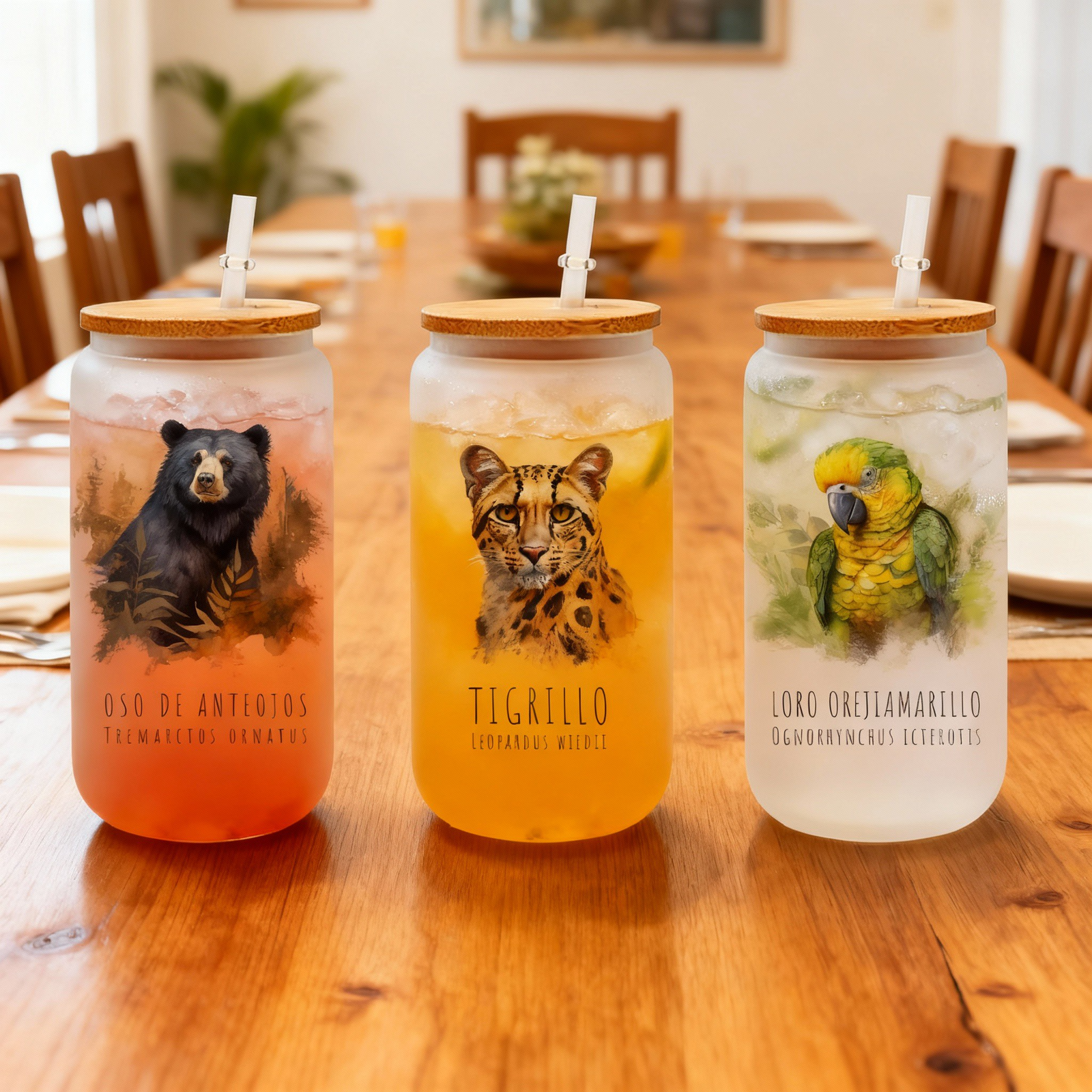 Set x3 Vaso de Vidrio Opalizado con Tapa de Bambú – Colección Fauna Andina - Image 2