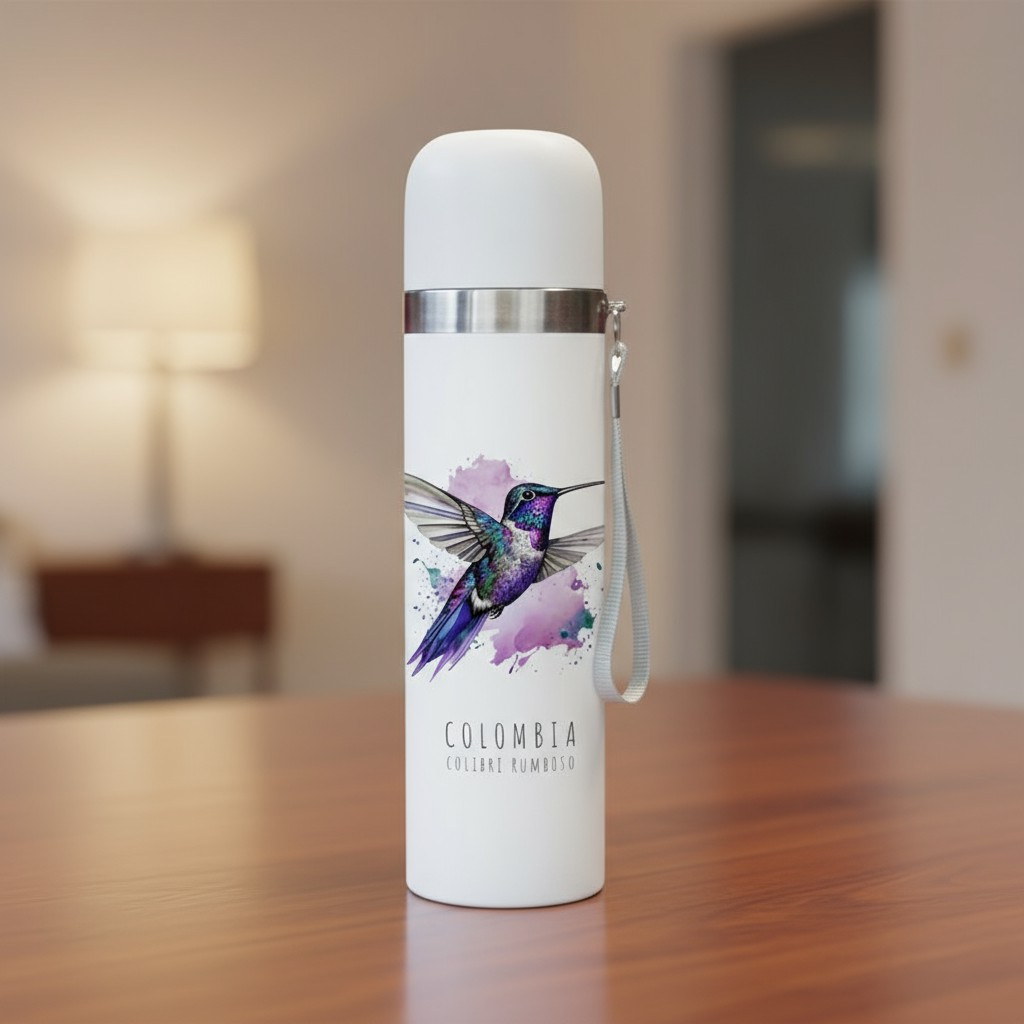Termo de Acero Inoxidable Tapa Push – Colibrí Rumbito